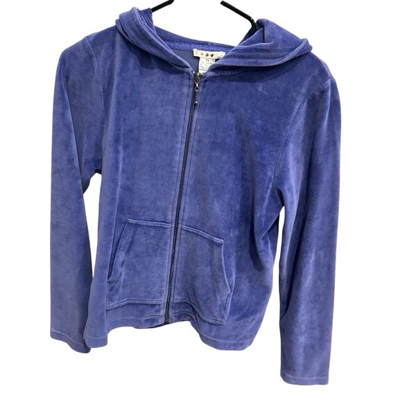 Womens Velour Purple Zip Up Hoodie Jacket SZ Petite Small - Picture 1 of 8